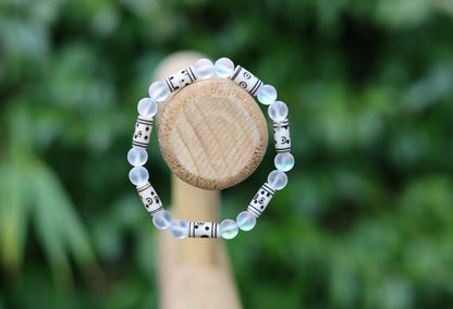 Frosted Mystic Aura Mermaid Beads, Matte Aurora Crystal Glass Beads, with Cream Tribal Tube Bone Beads: 6x14mm. Made in India, from cow bone