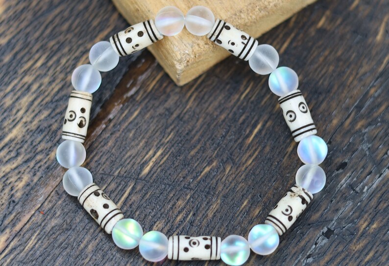 Frosted Mystic Aura Mermaid Beads, Matte Aurora Crystal Glass Beads, with Cream Tribal Tube Bone Beads: 6x14mm. Made in India, from cow bone