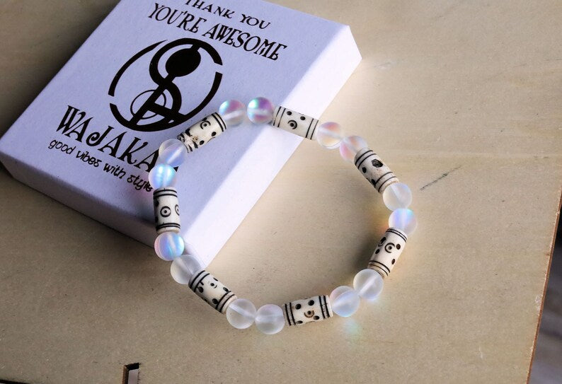 Frosted Mystic Aura Mermaid Beads, Matte Aurora Crystal Glass Beads, with Cream Tribal Tube Bone Beads: 6x14mm. Made in India, from cow bone