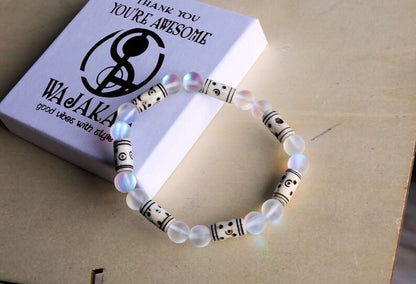 Frosted Mystic Aura Mermaid Beads, Matte Aurora Crystal Glass Beads, with Cream Tribal Tube Bone Beads: 6x14mm. Made in India, from cow bone