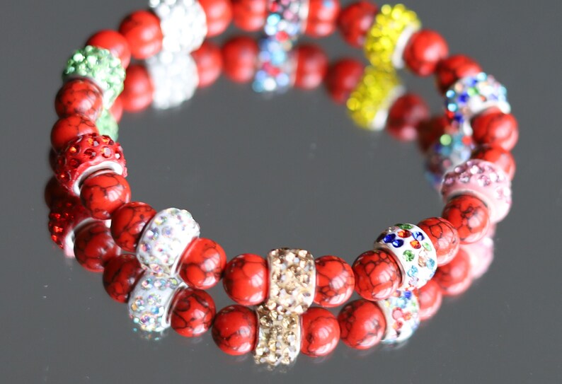 Holidays, Red Howlite and Polymer Clay Rhinestone Beads, with Platinum Tone Brass Single Cores, Large Hole Beads, Rondelle, mixed colors