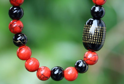 Black Buddha Chinese Characters Agate Stone with Agate bracelet with gold striped and Red Howlite.  Good Luck Tibeten Black Agate Bead