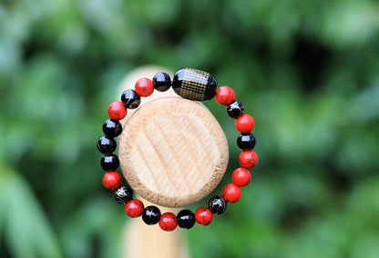 Black Buddha Chinese Characters Agate Stone with Agate bracelet with gold striped and Red Howlite.  Good Luck Tibeten Black Agate Bead