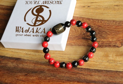 Black Buddha Chinese Characters Agate Stone with Agate bracelet with gold striped and Red Howlite.  Good Luck Tibeten Black Agate Bead