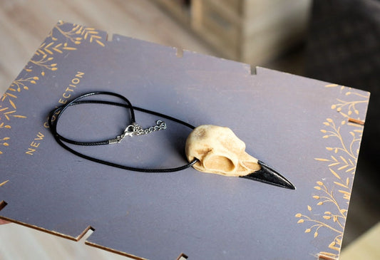 3D Raven Bird Skull Necklace. Each piece is a unique work of art, handcrafted from resin to capture the intricate details