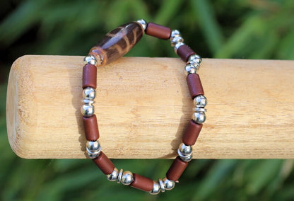Old Big man (Aristocrat) Dzi  bead  with Natural Wood Beads, tube, Coconut Brown and Silver Plated Smooth Round/ discs Metal Beads