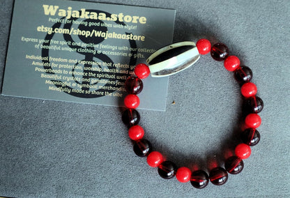 One of a kind Mexico red blood beeswax beads Certified 8mm. Combined with Crimson Burst Flower Stone and  Mother of Pearl Black.