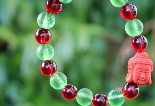 One of a kind Mexico red blood beeswax beads 9mm. Combined with Moldavite 10mm and Cinnabar Buddha