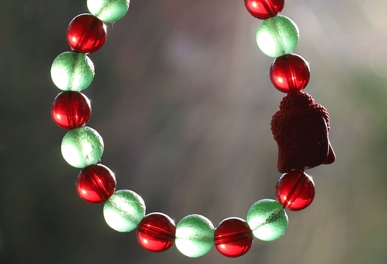 One of a kind Mexico red blood beeswax beads 9mm. Combined with Moldavite 10mm and Cinnabar Buddha