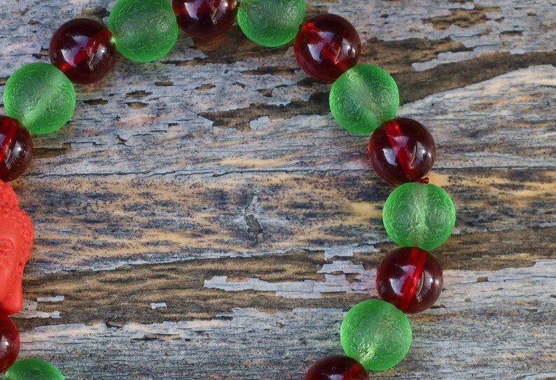 One of a kind Mexico red blood beeswax beads 9mm. Combined with Moldavite 10mm and Cinnabar Buddha