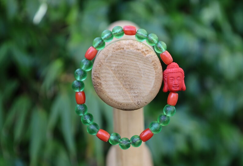 Beautiful Moldavite8 mm and Cinnabar Buddha and Real Red Coral rice beads. understanding life in the deepest way possible