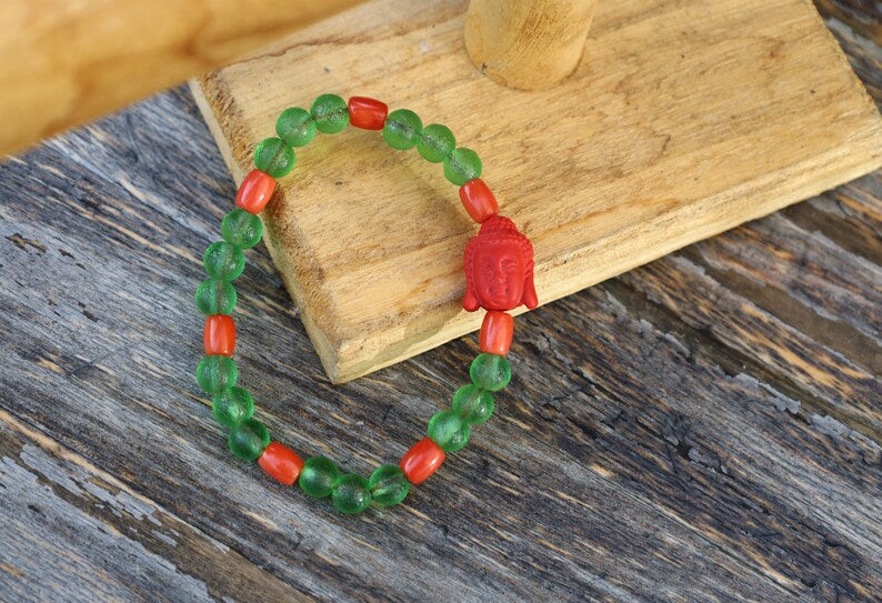 Beautiful Moldavite8 mm and Cinnabar Buddha and Real Red Coral rice beads. understanding life in the deepest way possible