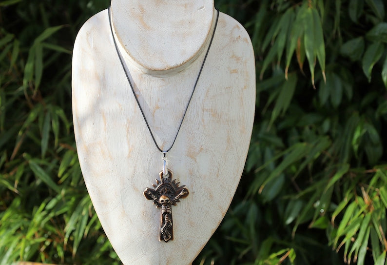 A skeleton on a cross pendant, Handmade old Carved Amulet. Ethnic & Regional Style South American. handmade figures