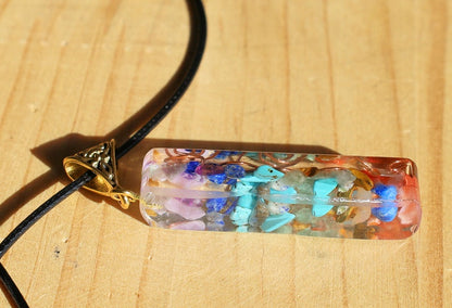 Orgonite, chakra, pendants including amethyst, lapis lazuli, turquoise, green aventurine, citrine, carnelian and Red jasper.