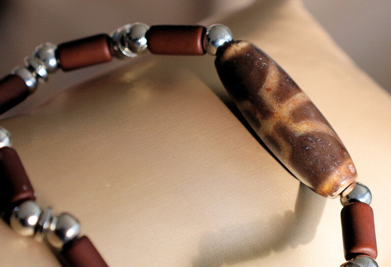 Old Big man (Aristocrat) Dzi  bead  with Natural Wood Beads, tube, Coconut Brown and Silver Plated Smooth Round/ discs Metal Beads