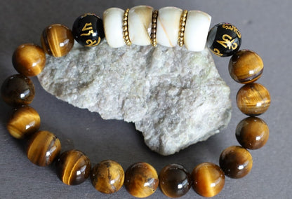 Large Apple Shell Heishi beads with large Apple Shell Heishi beads beads and 10mm Tiger eye.  into a state of calm aiding
