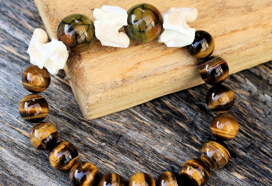Real Snake Vertebrae with Dragon 15mm veins natural jade and Tiger Eye beads.snake jewelry can help bring closer to their own transformation
