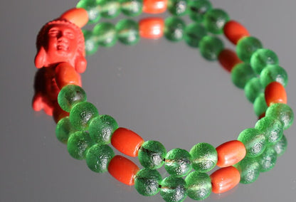 Beautiful Moldavite8 mm and Cinnabar Buddha and Real Red Coral rice beads. understanding life in the deepest way possible