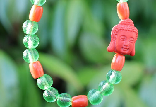 Beautiful Moldavite8 mm and Cinnabar Buddha and Real Red Coral rice beads. understanding life in the deepest way possible