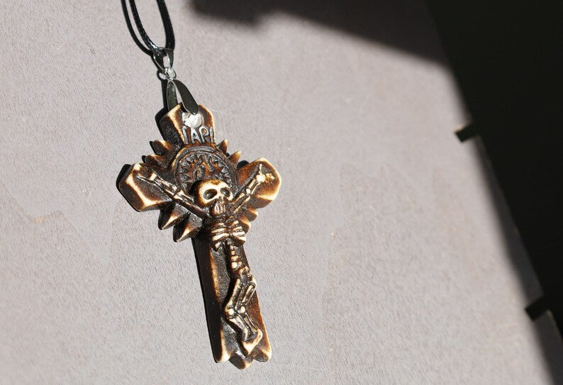 A skeleton on a cross pendant, Handmade old Carved Amulet. Ethnic & Regional Style South American. handmade figures