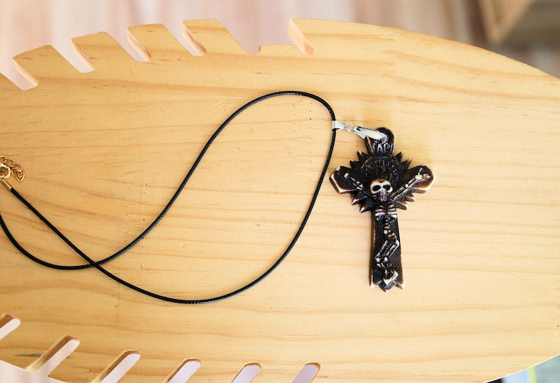 A skeleton on a cross pendant, Handmade old Carved Amulet. Ethnic & Regional Style South American. handmade figures
