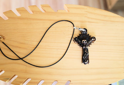 A skeleton on a cross pendant, Handmade old Carved Amulet. Ethnic & Regional Style South American. handmade figures