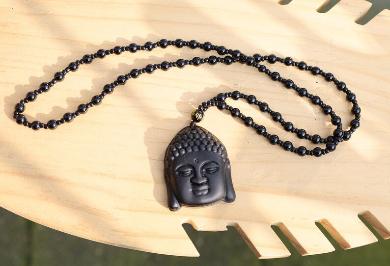 Sakyamuni Buddha Pendant Obsidian Carved Necklace, Beaded Necklace. 40x 50cm , weight 53 gr.