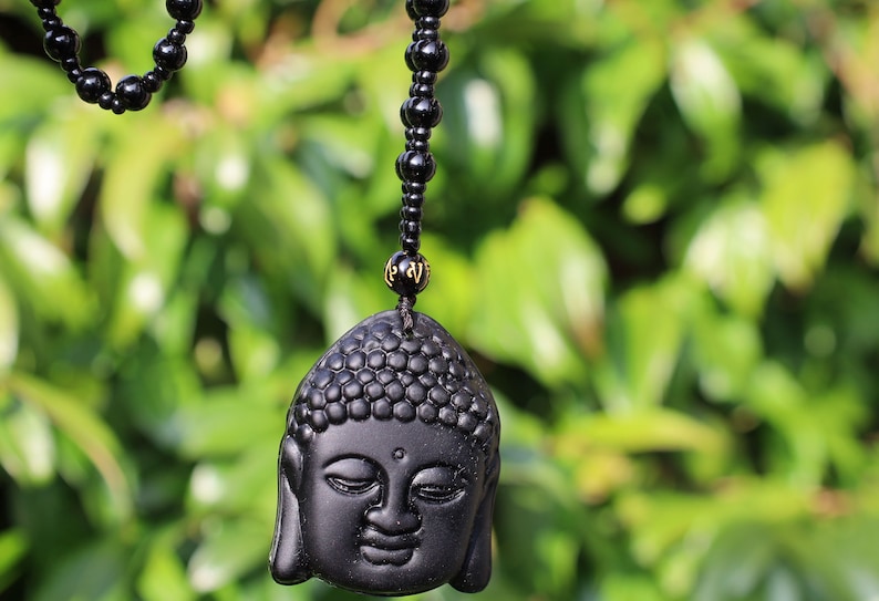 Sakyamuni Buddha Pendant Obsidian Carved Necklace, Beaded Necklace. 40x 50cm , weight 53 gr.
