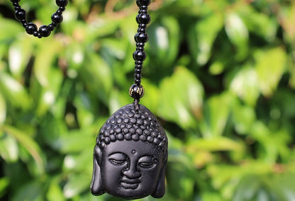 Sakyamuni Buddha Pendant Obsidian Carved Necklace, Beaded Necklace. 40x 50cm , weight 53 gr.