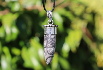 925 Silver Plated-Orthoceras   An Orthoceras pendant incorporates the fossilized remains of an ancient marine cephalopod that lived over 400 million years ago