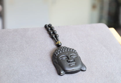 Sakyamuni Buddha Pendant Obsidian Carved Necklace, Beaded Necklace. 40x 50cm , weight 53 gr.