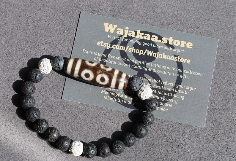 Old Eight-eye  eyed Dzi  bead Agate with black, white lava beads offer a unique and natural element to jewelry designs