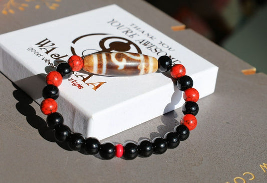 Old Ruyi Dzi  bead Agate bracelet with Agate and Red Howlite. Good Luck Tibetan Black Agate Bead. calming the mind, reducing stress