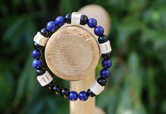 Real tribal Snake Vertebrae, Natural Bone Beads combined with Lapis Lazuli  and black Agate. The serpent jewelry teaches us purification.