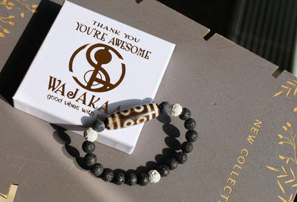 Old Eight-eye  eyed Dzi  bead Agate with black, white lava beads offer a unique and natural element to jewelry designs