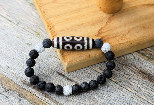 Old Eight-eye  eyed Dzi  bead Agate with black, white lava beads offer a unique and natural element to jewelry designs
