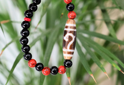 Old Ruyi Dzi  bead Agate bracelet with Agate and Red Howlite. Good Luck Tibetan Black Agate Bead. calming the mind, reducing stress