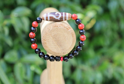 Old Ruyi Dzi  bead Agate bracelet with Agate and Red Howlite. Good Luck Tibetan Black Agate Bead. calming the mind, reducing stress