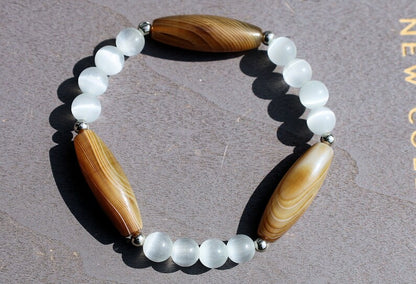 3x  unique brown Tibetan Natural Agate DZi with  Blue and purple opal beads. making it an exceptional piece for meditation and protection.