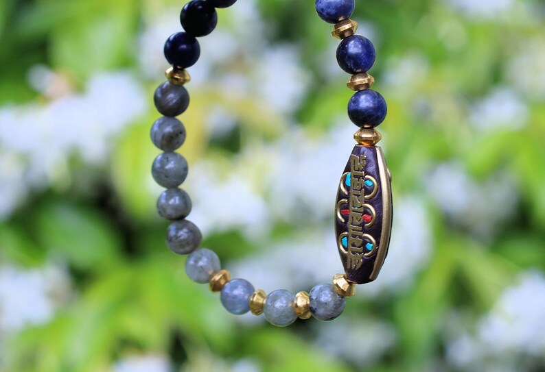 One-of-a-kind Beautiful & very special prayerbead from Nepal with Sodalite and White spectrolite. gorgeous,Stunning,Lovely