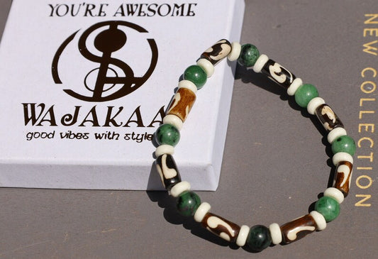 Unique and Artistic Epidote ruby bracelet with Black and white Tribal Tube Bone Beads. Made in India