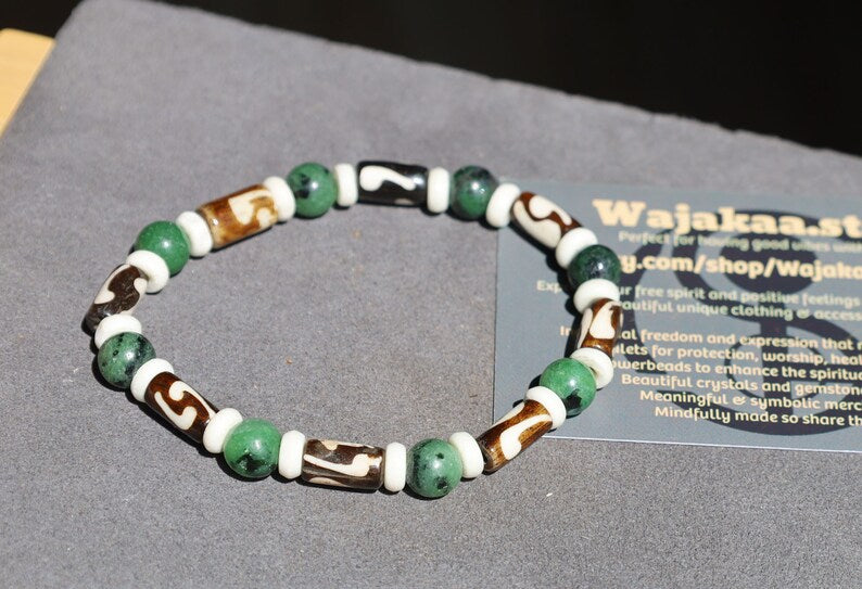 Unique and Artistic Epidote ruby bracelet with Black and white Tribal Tube Bone Beads. Made in India
