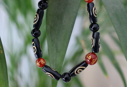 Unique and Artistic Golden Sketch Embossed Pattern Tube Acrylic Beads and 8MM Feng Shui Red Color obsidian