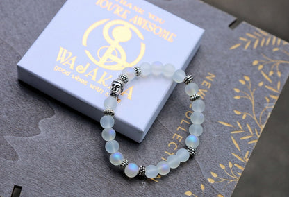 Frosted Mystic Aura Mermaid Beads, Matte Aurora Crystal Glass Beads, with  3D Buddha Head. Tibetan Style Alloy 3D Buddha Head Bead, Antique Silver, 10x8x7mm