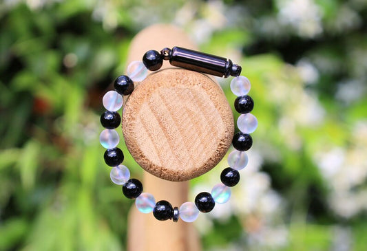 Aurora Crystal Glass/ Onyx Cremation Urn Bracelet, Ashes Holder Jewelry, Lave stones, Cremation Memorial Bracelet, Cremation tube beads