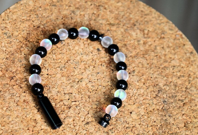 Aurora Crystal Glass/ Onyx Cremation Urn Bracelet, Ashes Holder Jewelry, Lave stones, Cremation Memorial Bracelet, Cremation tube beads