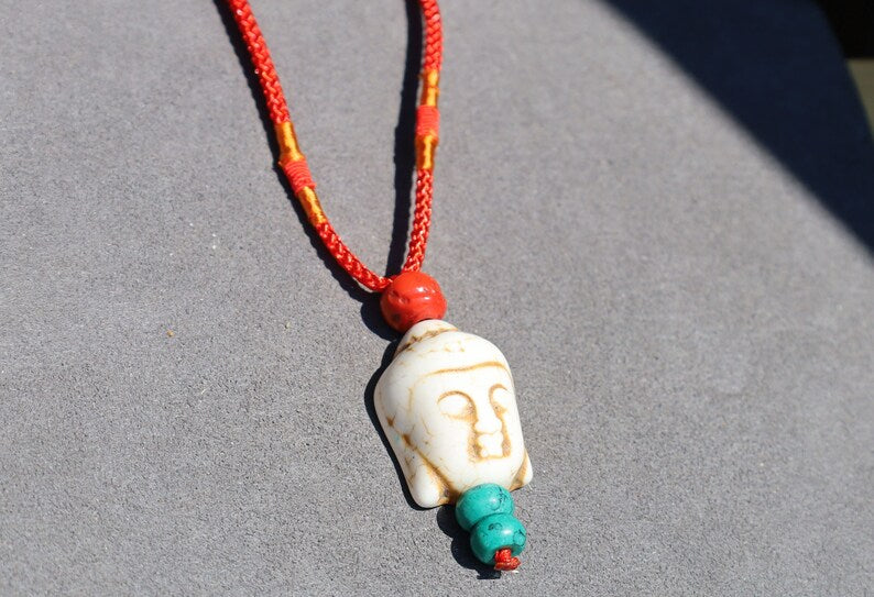 Beautiful large bead of real magnesite Buddha with red coral and Tibetan turquoise buddhist prayer beads