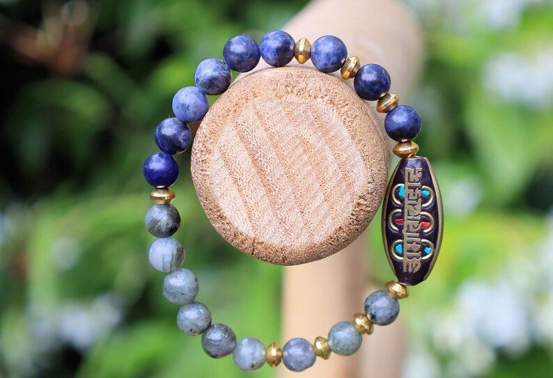 One-of-a-kind Beautiful & very special prayerbead from Nepal with Sodalite and White spectrolite. gorgeous,Stunning,Lovely