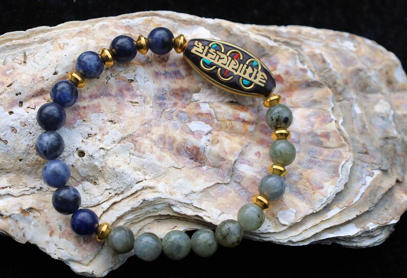 One-of-a-kind Beautiful & very special prayerbead from Nepal with Sodalite and White spectrolite. gorgeous,Stunning,Lovely