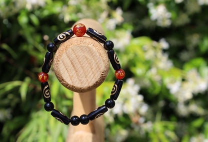 Unique and Artistic Golden Sketch Embossed Pattern Tube Acrylic Beads and 8MM Feng Shui Red Color obsidian